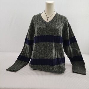 Vintage 90's Structure Mens V-Neck Sweater Striped Olive‎ Green Blue Pullover xl